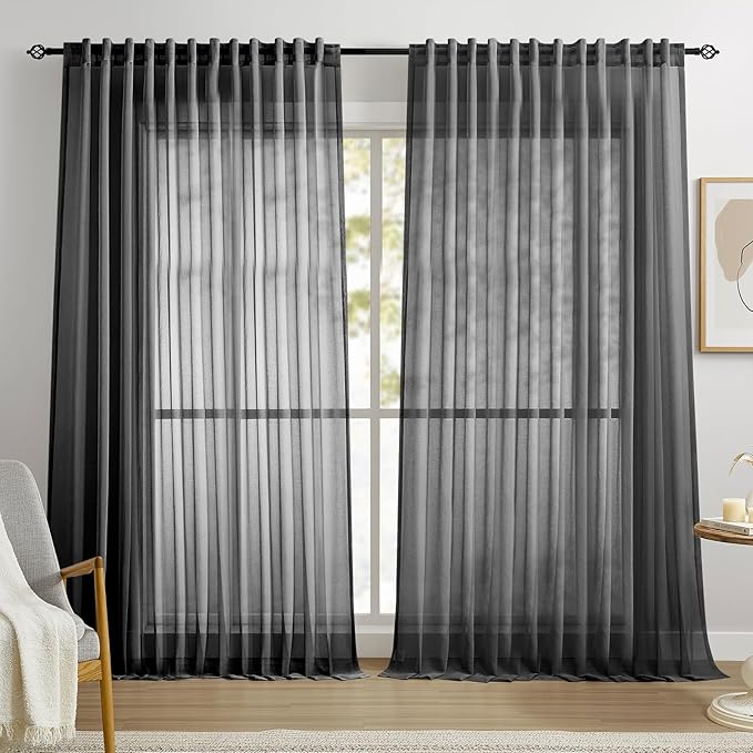 Dreaming Casa Black Sheer Curtains 96 Inches Long, Rod Pocket & Back Tab Light Filtering Textured Sheers for Living Room Bedroom, 2 Panels, Each 100" W x 96" L