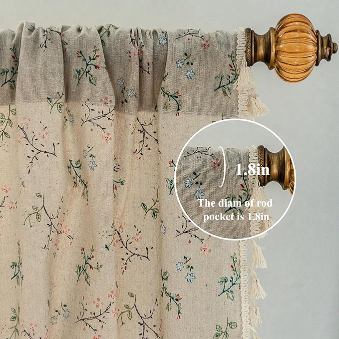 ENJOYBRIDAL Floral Farmhouse Curtains 96 Inches Long Semi-Blackout Living Room Drapes Cotton Linen Blend Bohemian Window Curtain Panels with Tassel Beige Rod Pocket Bedroom Drapes, 2 Panel