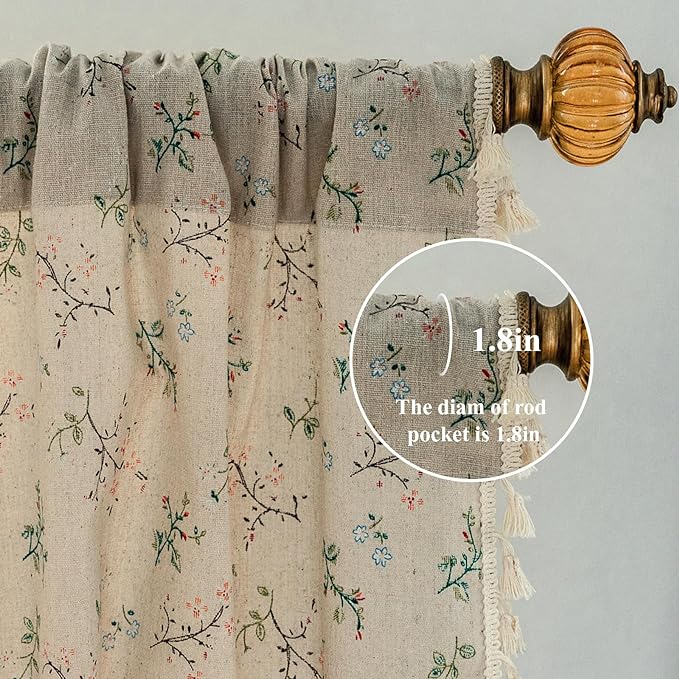 Floral Farmhouse Curtains Closet Semi-Blackout Living Room Drapes 63 Inch Length Cotton Linen Blend Short Bohemian Window Curtain Panels with Tassel Beige Rod Pocket Bedroom Drapes, 1 Panel