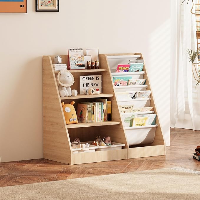 NACHES 4 Tier Kid Bookshelf Wooden 5 Sling Children Bookcase Toddler Montessori Bookcase Book Rack Display Toy Storage Organizer Adjustable Book Display Shelf Stand Classroom Bedroom Nursery Playroom