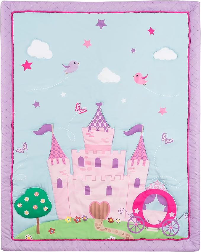 EVERYDAY KIDS 4 Piece Girls Crib Bedding Set -Princess Storyland - Includes Quilt, Fitted Sheet, Dust Ruffle and Diaper Stacker - Nursery Bedding Set - Baby Crib Bedding Set