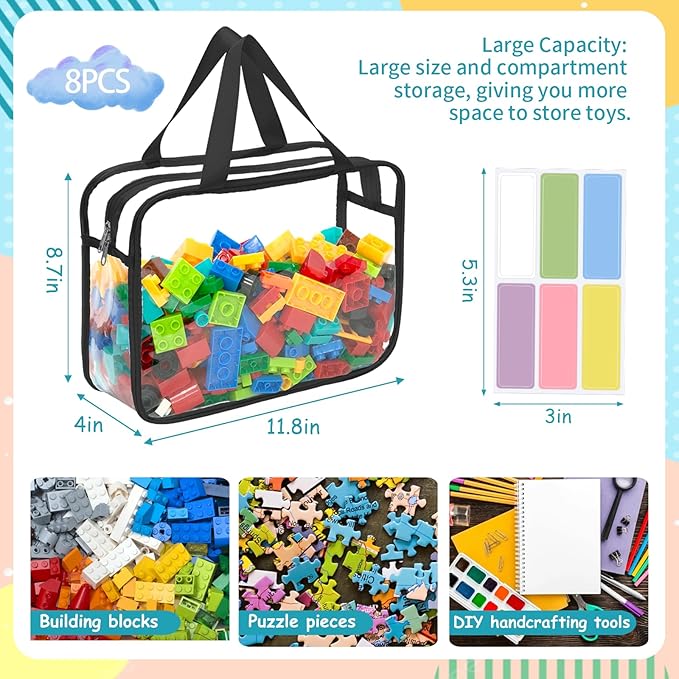 8 Packs Large Toy Storage Bags with Zipper and Labels, Clear PVC Waterproof Toy Organizers Bags for Board Games, Puzzles Pieces, Building Blocks, Handmade Accessories, Kid Books