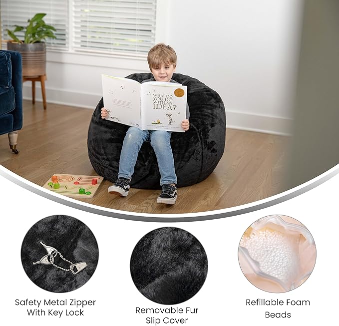 EMMA + OLIVER Daisy Small Black Furry Bean Bag Chair for Kids and Teens