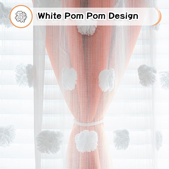 MYSKY HOME Nursery Curtains for Girl Bedroom Orange Curtains 72 Inches Long Pom Pom White Sheer Curtains for Kids Room Double Layer Toddler Bedroom Grommet Room Darkening Window Panels 52 x 72 in