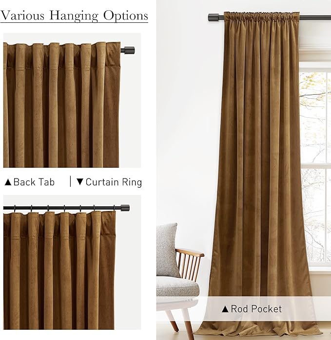 StangH 120 inches Velvet Curtains for Living Room, Vintage Gold Brown Blackout Thermal Insulated Window Curtain Panels for Sliding Glass Door/Hall/Villa, W52 x L120, 2 Panels