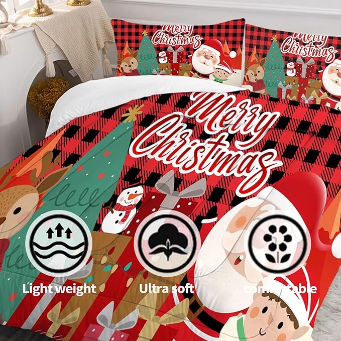 Christmas Comforter Set Full Size Red Plaid Bedding Sets Xmas Gift Christmas Themed Festival Winter Quilt Set,1 Comforter + 2 Pillow Cases