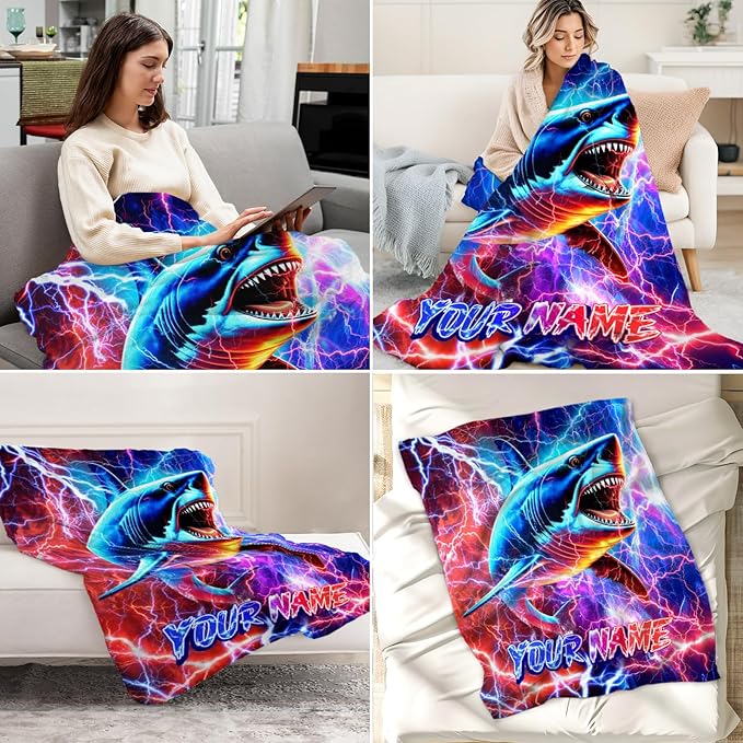 Personalized Boys Blanket Gifts Shark Blankets for Kids, Shark Lovers - Cozy Furry Plush Flannel Throws for Couch, Sofa & Travel