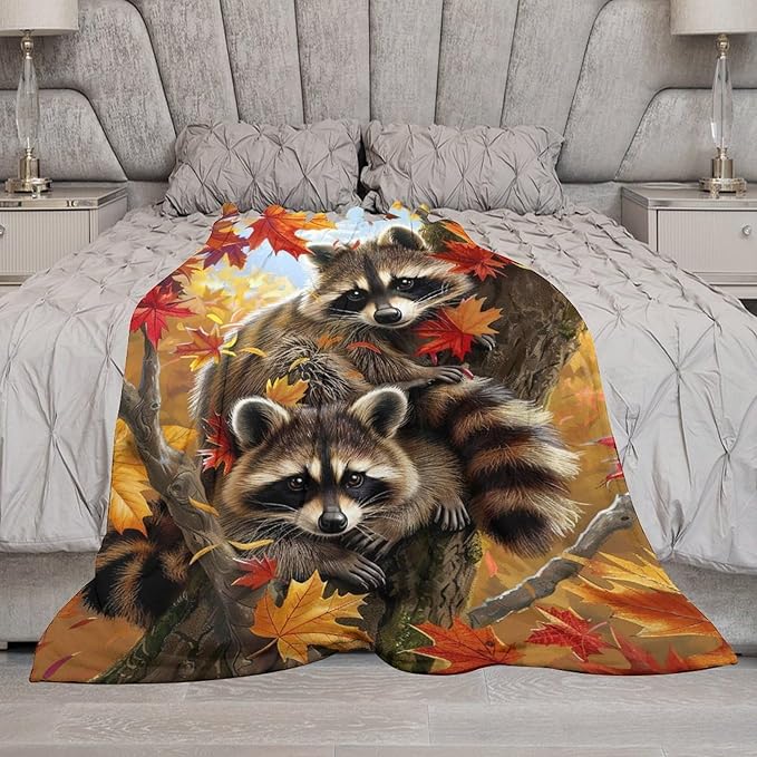 Raccoon Blanket Funny Raccoons Gifts for Girls Boys Woman Kids Raccoon Lover Maple Leaf Throw Blankets Soft Blanket Warm Fleece Flannel Plush Blankets for Bed Sofa Couch 40"x50"