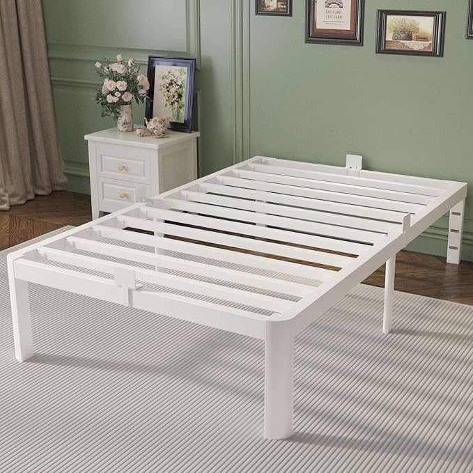 16 Inch Twin Bed Frames with Metal Baffles, White Twin Metal Bed Frame No Box Spring Needed, Heavy Duty Steel Platform Supprt, Rounded Corner Design, Storage Space. Noiseless, Reserved Holes