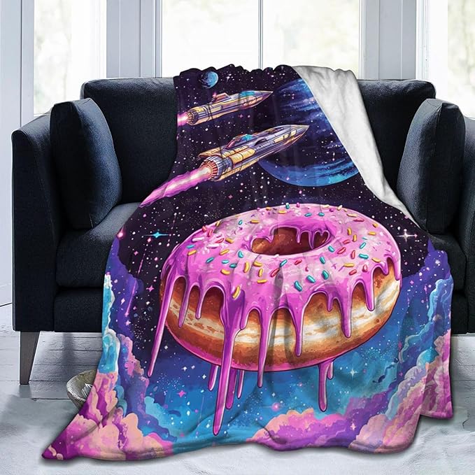 Donut Blanket Space Donut Decor Throw Blanket Super Soft Flannel Lightweight Fluffy Plush Cozy Fuzzy Fleece Food Blanket Gifts for Girl Boys Woman Man Kids Adults for Bed Sofa Couch 60"X80"