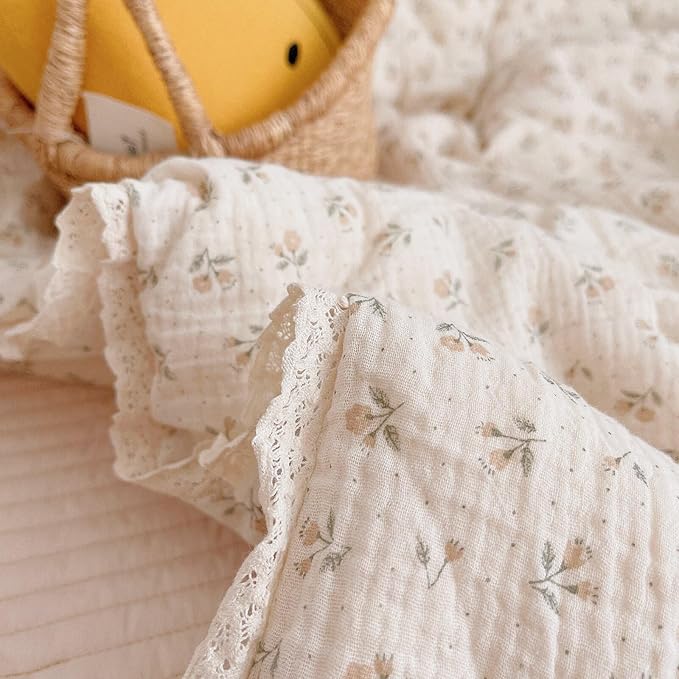 BuLuTu Toddler Bed Quilt with Floral Print Double Layer Muslin Blankets for Children, Ultra Soft Reversible Toddler Kids Quilt Summer Comforter, Sprout Pattern, 60x78 Inches