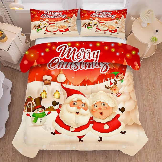 Christmas Bedding Sets King Size Comforter Set for Kids Boys Girls Bedroom Xmas Gift Christmas Festival Winter Snow Quilt Set,1 Comforter + 2 Pillow Cases