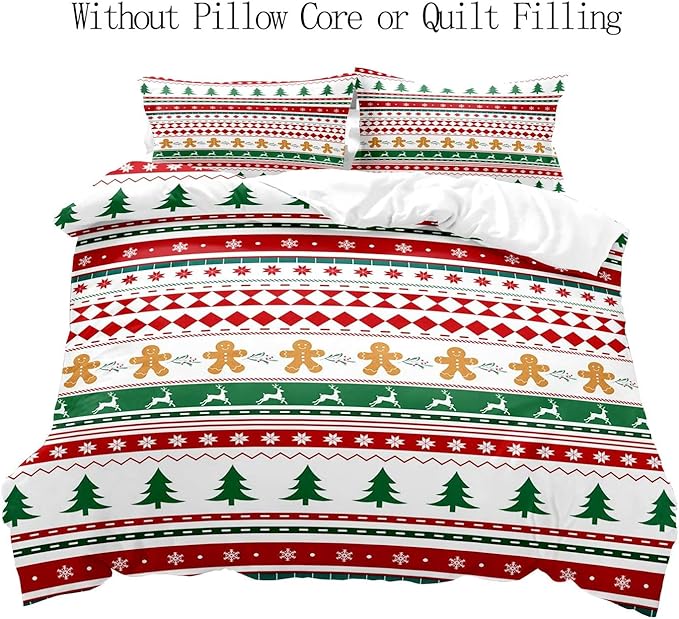 LUVIVIHOME 3PCS Christmas Duvet Cover Full Bedding Set, Gingerbread Man Christmas Tree Snowflake Poinsettia Reindeer Winter Holiday Xmas Gifts Red Green White Striped Comforter Cover, 2 Pillow Shams