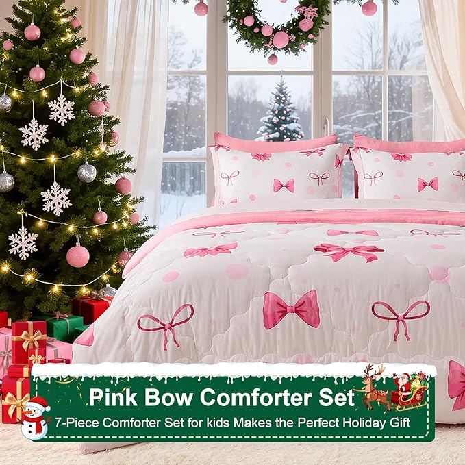 Wajade 7 Piece Pink Bow Bedding Set for Girls Kids Queen Size Comforter Set with Sheet and 2 Pillowcases 2 Pillow Shams Cute Girls Bed in a Bag as Birthday Choice