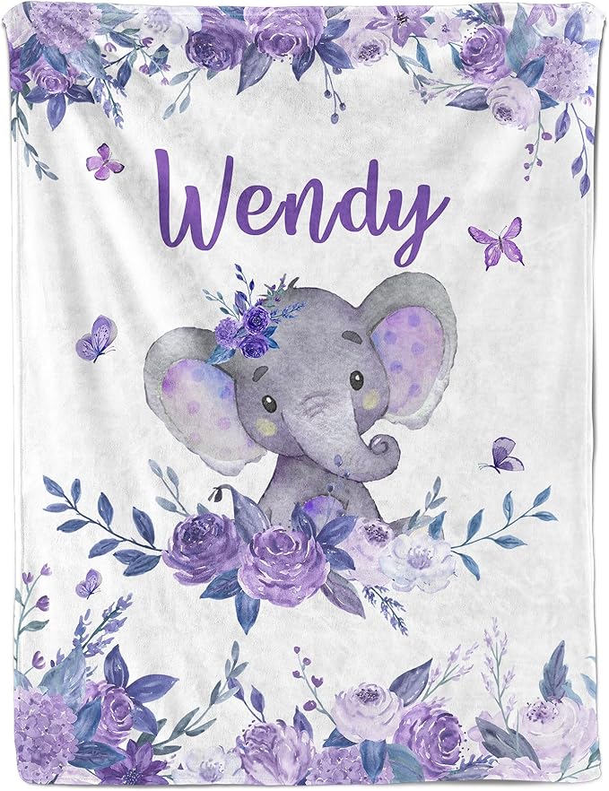 Ship Next Day, Custom Baby Boy Girls Blanket with Name, Personalized Receiving Blankets for Boys Girls, Newborn Swaddle Blankets, Customized Elephant Blanket for Baby Shower Birthday