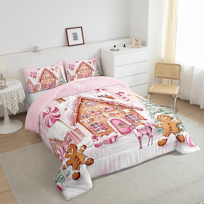Gingerbread House Kids Comforter Set Toddler Size,Gingerbread Man Xmas Tree Cabin Deer Bedding Set,Girls Women Room Decor,Christmas Snowflake Down Comforter,Pink Brown Duvet Insert,1 Pillowcase