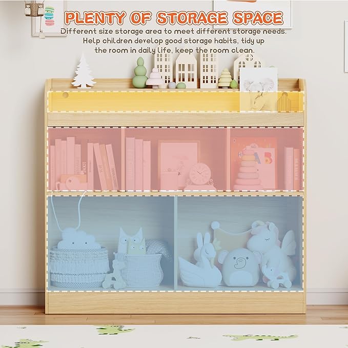 Lkeiyay Open Shelf Kids Bookcase，Montessori Toy Organizer with LED Lights - Oak Wooden Open Bookcase for Kids, Bedroom, Back to School，Playrooms & Nurseries