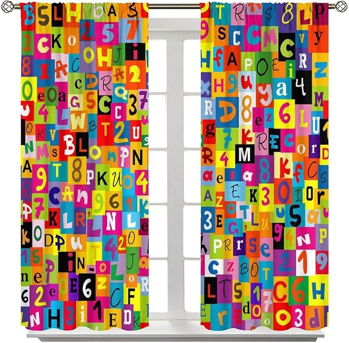 ABC Alphabet Curtains Colorful Art Patchwork Alphabet Graffiti Cartoon Print Curtain with Rod Pocket for Bedroom Living Room Home Decor Drapes Window Treatments 2 Panels Set 42" W X 63" L
