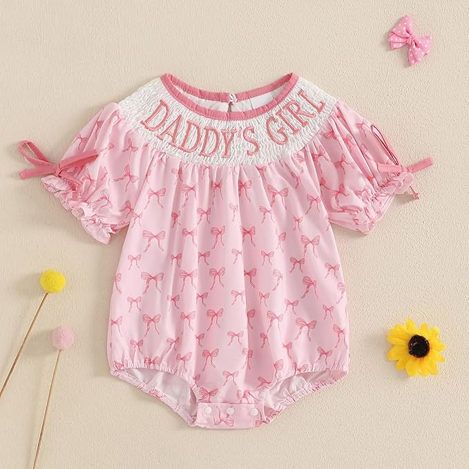 Newborn Baby Girl Romper Mamas Mini Bow Plaid Print Puff Sleeve Smocked Bubble Romper Jumpsuit Bodysuit Clothes