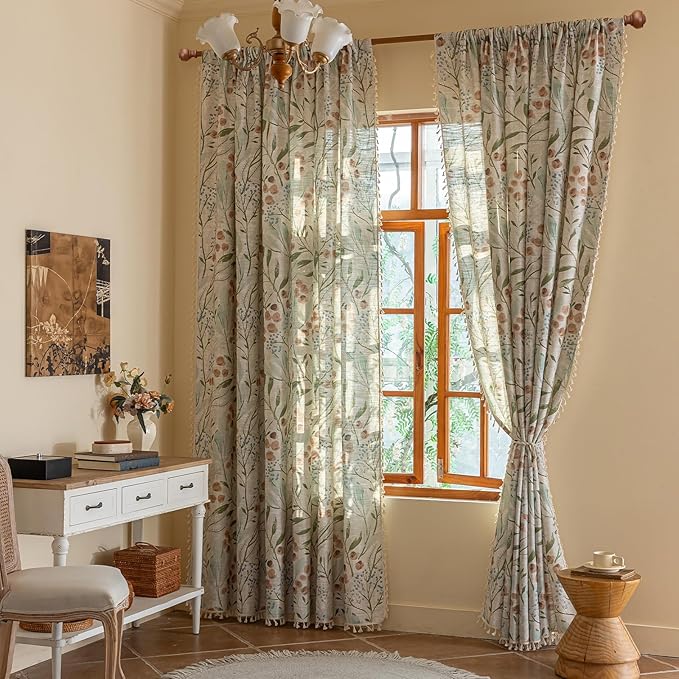 ENJOYBRIDAL Floral 84 Inch Curtains for Bedroom Decor Drapes Floor Length Semi Sheer Rod Pocket Living Room Window Curtain Panels Light Filtering Boho 4 Panels Tassel Vintage Window Treatments
