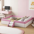 Queen Size Upholstered Daybed Frame with Fence and Stairs, Montessori Kids Floor Bed with Sturdy Slat Support for Kids Boys Girls
