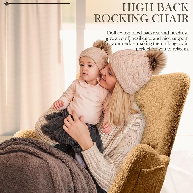 Waleaf Rocking Chair Nursery, Teddy Upholstered Rocking Chair Indoor with High Backrest Glider Accent Chair, Padded Seat Nursing Comfy Chairs for Bedroom (Brown)