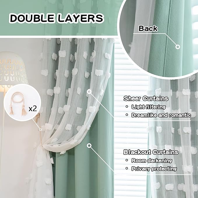 MYSKY HOME Kids Curtains for Boys Bedroom Room Darkening Grommet Double Layer Curtains for Son Room Decor 63 Inches Long White Pom Pom Sheer Blackout Curtains 2 Layers Aqua 52 x 63 Inch 2 Panels