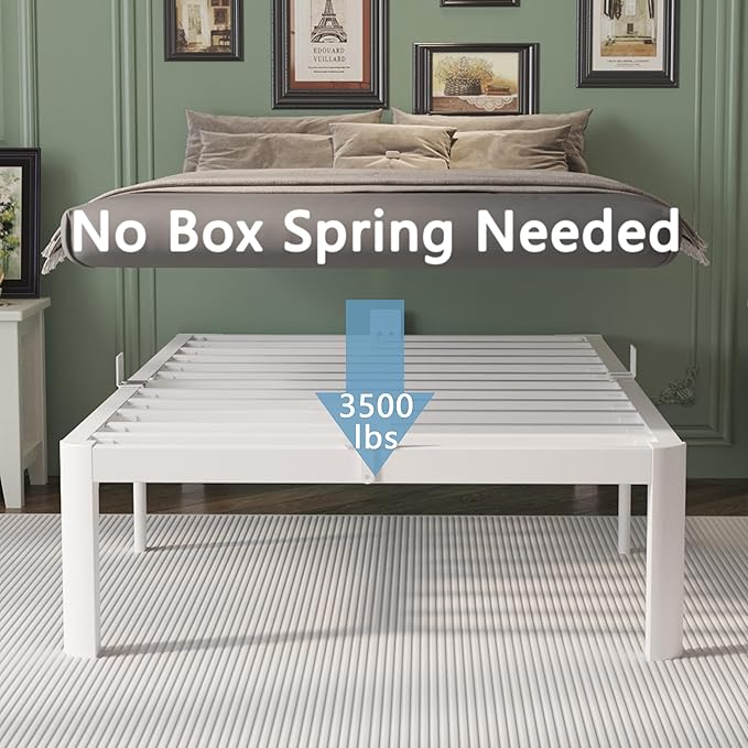 14 Inch Twin Bed Frames with Metal Gaskets, White Bed Frame Twin Size No Box Spring Needed, Heavy Duty Steel Platform Supprt, Rounded Corner Legs, Reserved Holes, Noise Free, Storage Space