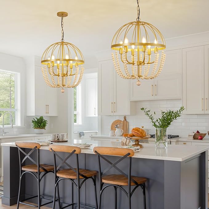 WJShome Modern Farmhouse Light fixtures, 6-Light Gold Boho Bead Spherical Chandelier, Dining Room Wooden Bead Lantern Pendant Light for Bedroom, Kitchen, Hallway, Entryway Foyer