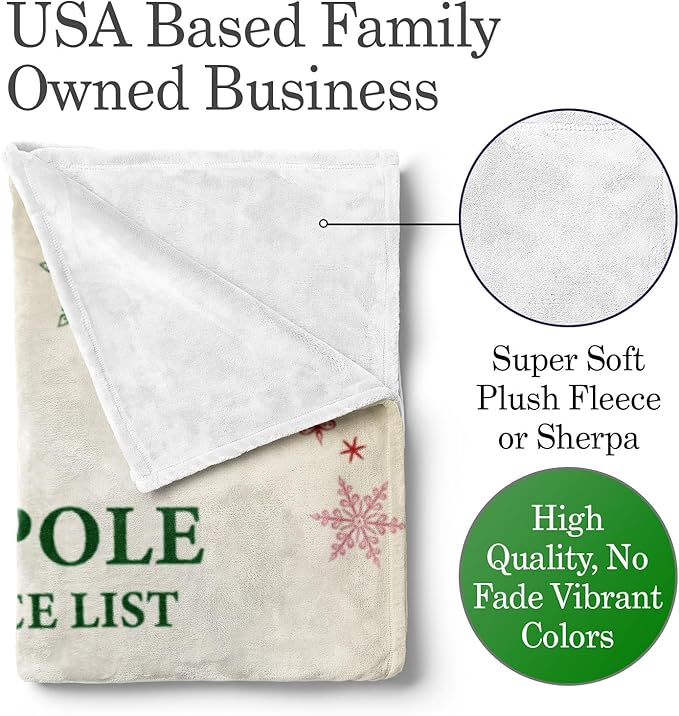 Custom Christmas Blanket, Santa’s Nice List - Ships Next Day, Printed in USA - Warm Fleece or Sherpa Sofa Throw, Cute Holiday Décor - Customizable Family Throws (Fleece 60x80)