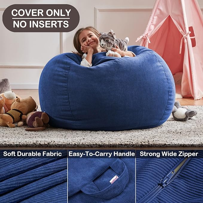 Nobildonna Bean Bag Chair Cover (No Filler) for Kids and Adults,Beanbag Stuffed Animal Storage Without Filling Plush Toys Holder and Organizer Soft Premium Corduroy 200L (Dark Blue)