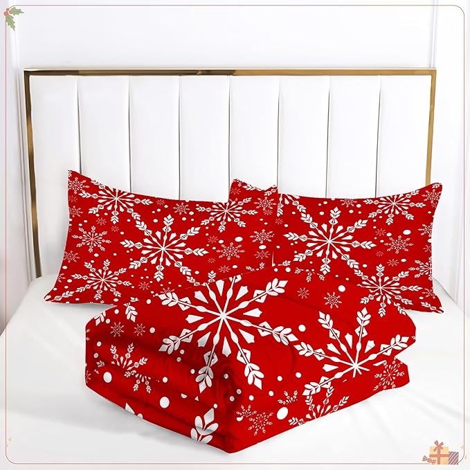Comforter Set Christmas Snowflake: Twin Size Xmas White Snowflakes Red Bedding Sets for Kids Teen Girls Winter Snow Festival Bedroom Decor Bed Set 1 Comforter & 1 Pillowcase