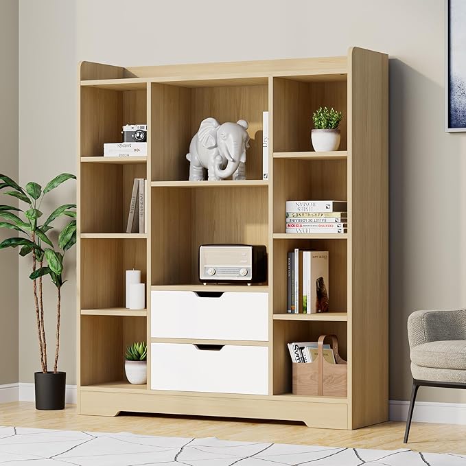 Cozy Castle Kids Bookshelf with Storage, Toy Storage Organizer with 2 Drawers and 10 Cubes 4-Tier Bookcase for Bedroom, Playroom, Hallway, Living Room(Oak & White)
