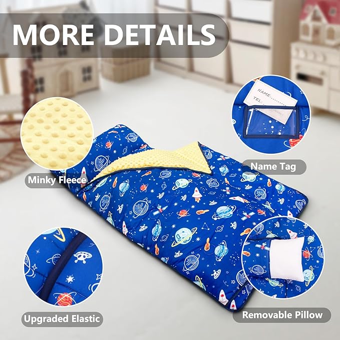 Primlect Thickened Toddler Nap Mat with Removable Pillow and Minky Blanket, Extra Large 55''x35'' Sleeping Bag, Washable, Roll up, Perfect for Daycare, Preschool, Kindergarten, Boys and Girls (Space)
