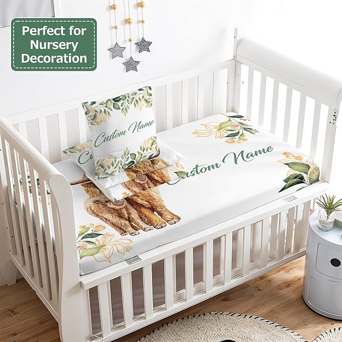 Personalized Baby Crib Bedding Set,3 Piece Custom Name Nursery Set with Blanket, Fitted Sheet & Pillowcase for Baby Girls & Boys, Highland Cow Theme(Fixed Size)