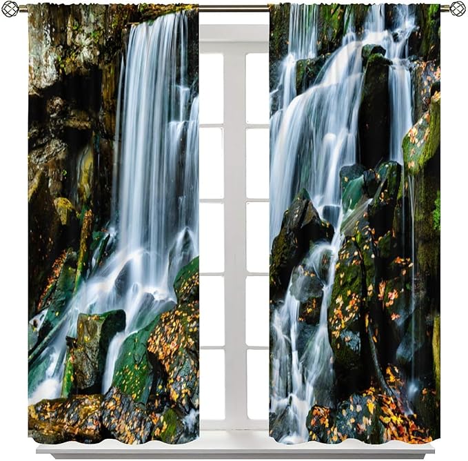 Waterfall Blackout Window Curtains, Forest Nature Landscape Theme Pattern Print Window Drapes, for Living Room Bedroom 42" W X 45" L