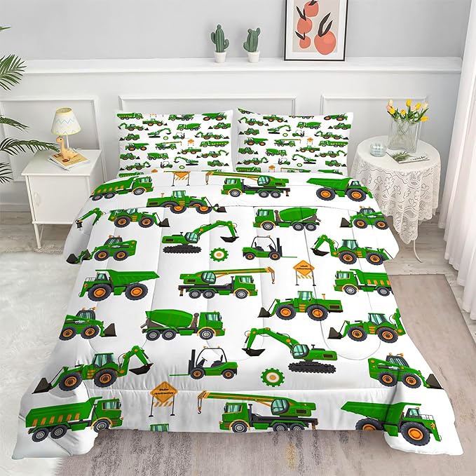 Comforter Set Green Tractor: Queen Size Cartoon Excavator Truck Car Bedding Sets for Boys Kids Teens Toddler Construction Vehicles Quilt Bed Set with 1 Comforter & 2 Pillowcases