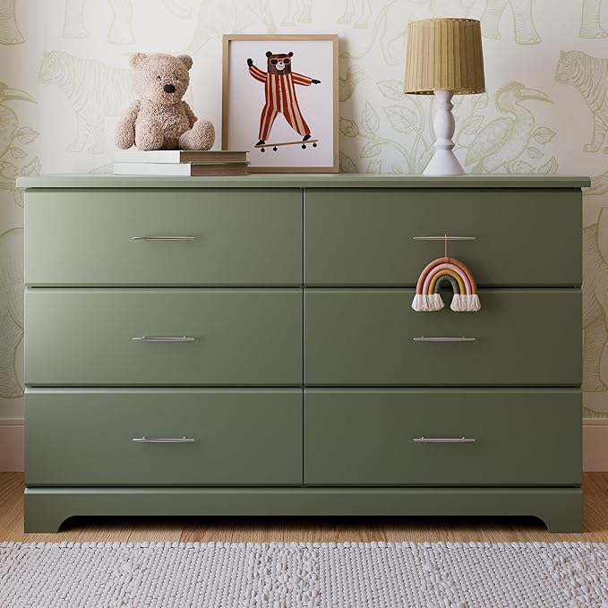 Stork Craft Brookside 6-Drawer Dresser (Olive) – GREENGUARD Gold Certified, Green Dresser for Bedroom, Kids & Nursery Storage Chest, Safety Interlocking Drawers, Pre-Installed Tracks, Kids Chest