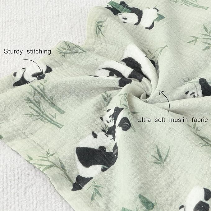 BOPRIO Muslin Baby Blankets for Boys Girls, Breathable Muslin Cotton with 3D Dotted Fleece Backing, Super Soft Swaddle Blankets with Cute Panda Design, Nursery Bedding Newborn Gift 30 x 40 Inch