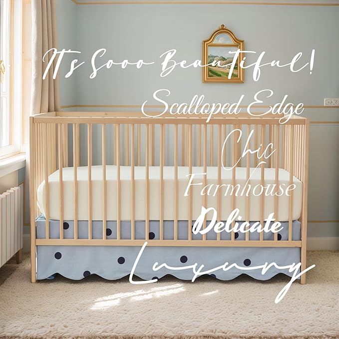 Brandream Scallop Edge Cotton Crib Skirt, Baby Boy Girl Gender Neutral Crib Skirt Toddler Bedskirt Farmhouse Chic Nursery Crib Bed Skirt, Boho Bohemian Solid Mist Blue Polka Dots