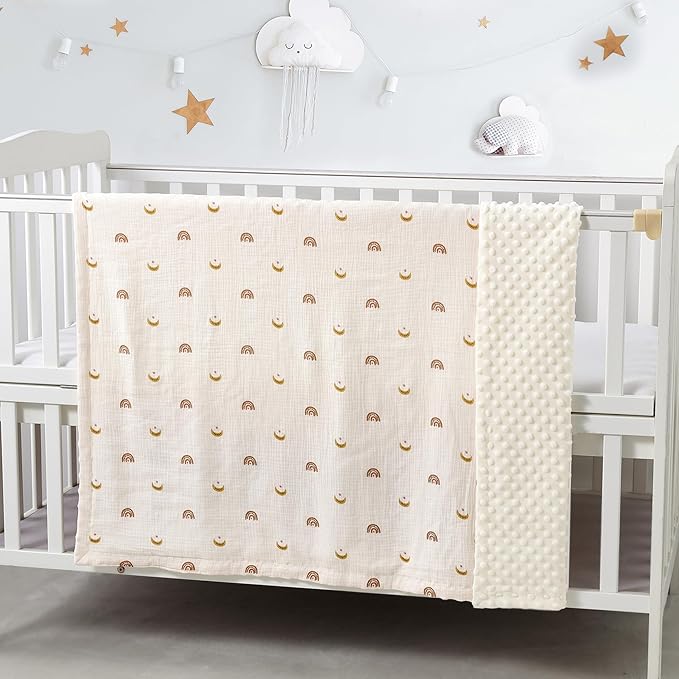 CREVENT 30''X40'' Organic Muslin Cotton Baby Blanket for Newborns, Soft Mink Backing, Essential for Baby Shower Birthday Gift - Moon 75X100cm