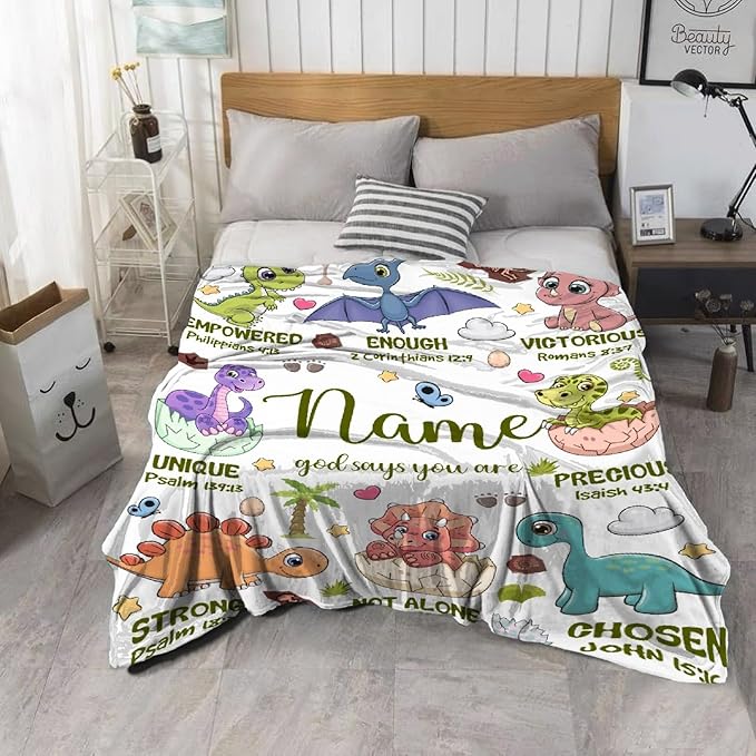 Personalized Dinosaur Blanket,Custom Dinosaur Gifts for Kids Boys,God Says I Am Themed Blanket,Meaningful Thoughtful Religious Baptism Christian Gifts,Bible Verse Quilt with Name,60"x80" for Adults