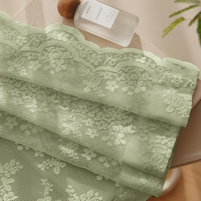 Anmao Vintage Lace Curtains 54 Inches Long 2 Panels Set, Romantic Elegant Light Filtering Semi Sheer Floral Thick Lacy Curtain Drapes for Living Room and Bedroom, Each Panel 55W x 54L, Dry Grass Green