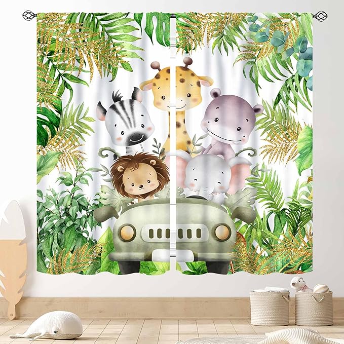 Jungle Safari Animals Curtains, Cartoon Animals Lion Giraffe Elephant Woodland Tropical Leaf Green Window Drapery for Kids Boys Girls Baby Living Room Bedroom Nursery 2 Panels, 84"x84" Inch