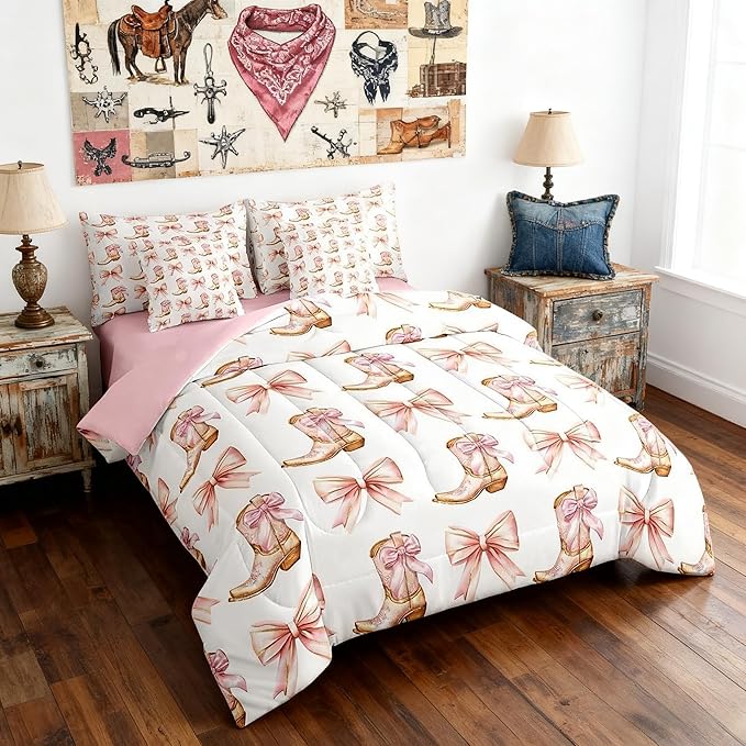 7 Pieces Western Cowgirl Comforter Set King,Pink Bowknot Cowgirl Boots Rustic Farmhouse Bedding Set,Bow Tie Geometric Patchwork Golden（Comforter+Fitted+Flat Sheet+2 Pillowcases+2 Throw Pillow Covers）