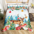 Manfei Merry Christmas Duvet Cover Queen Size,Watercolor Christmas Trees Gifts Wild Moose Super Soft Bedding Set for Boys Girls,Winter Happy New Year Comforter Cover Bedding 3 Piece (No Comforter)