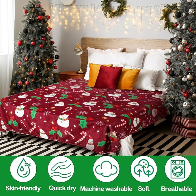 Buryeah 4 Pack Queen Size Christmas Throw Blankets Bulk for Bed Sofa Couch Snowman Gifts Santa Gingerbread Xmas Tree Soft Cozy Christmas Plush Flannel Blanket Home Decor Xmas Supplies, 60 x 80 Inches