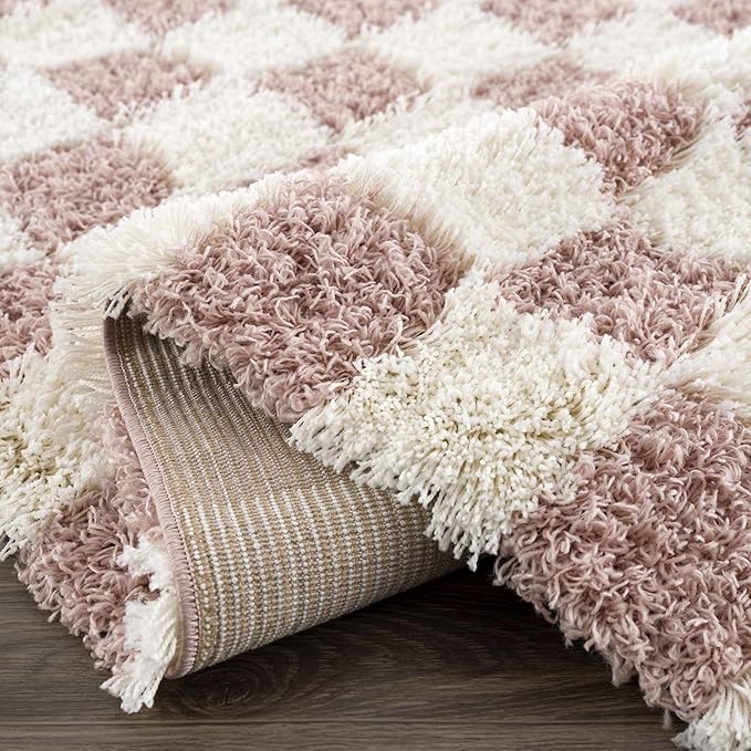 Hauteloom Atira Contemporary Checkered Fluffy Shag Area Rug - Modern Geometric Carpet Tiles for Living Room, Kids Room, Nursery - Plush Pile - Cream, Pink - 4' x 6'