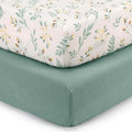 Blissful Diary Muslin Crib Sheets for Girl Boy, Boho Neutral Soft Cotton Baby Sheet for 52''x28'' Standard Crib Mattress, 2 Pack(Roman Green&Leaf)