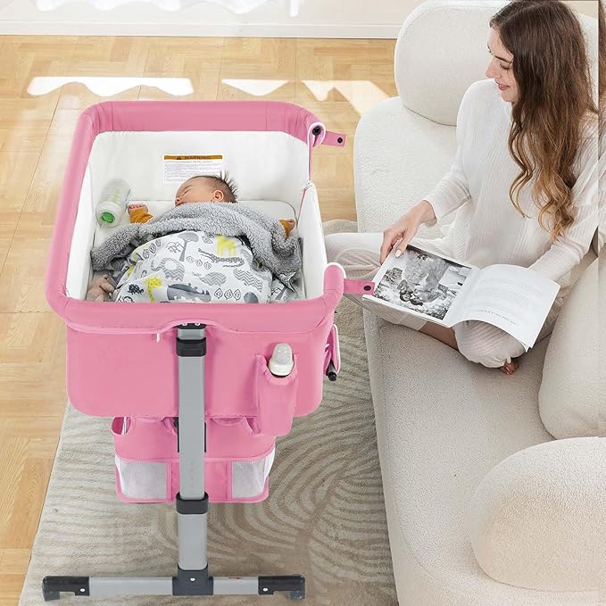 Ihoming Baby Bassinet Bedside Sleeper, Baby Bed Side Crib with Storage Basket, Easy Folding Bassinets, Adjustable Baby Bed for Infant Newborn, Pure Pink